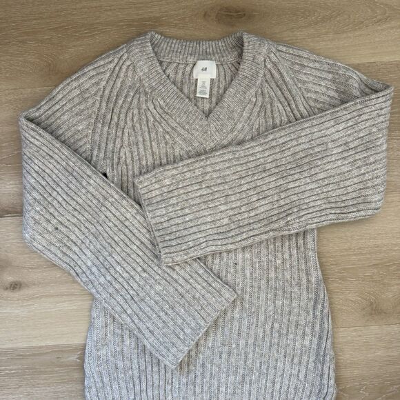 Boho Rib-Knit Wide Sleeves Midi Sweater Dress Sz S H&M Beige Cream Heather Wool - Picture 5 of 10